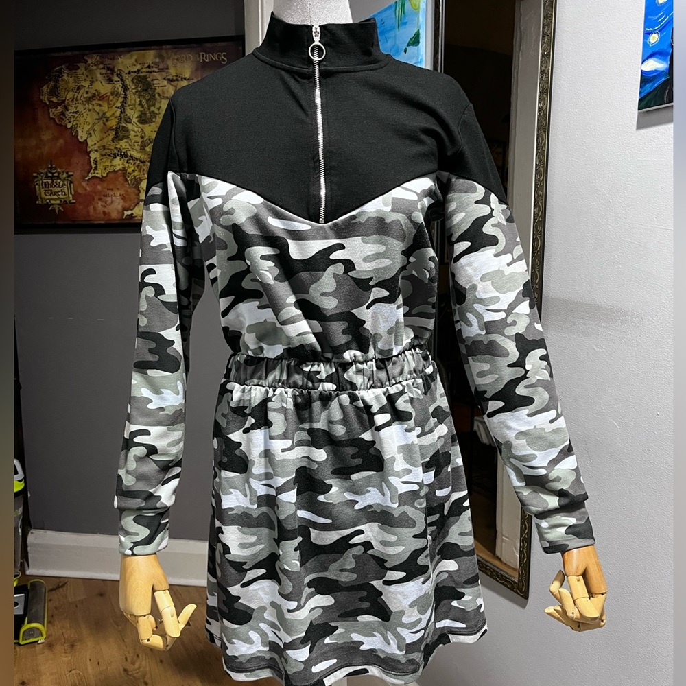 Bershka Black and White Mock Neck Raglan Dress